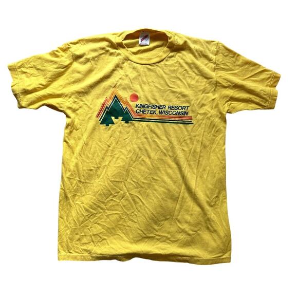 VTG Yellow T-Shirt Kingfisher Resort Chetek Wisconsin 80s Size Large - Picture 1 of 4